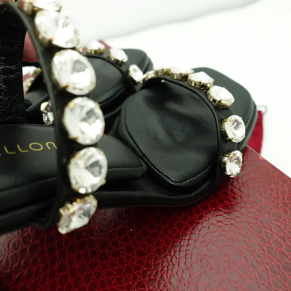 Tamara Mellon Pillow Top Black Crystal Strappy Stiletto Mules - Size 38